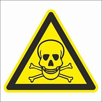 Знак предупреждающий на самоклеющейся пленке Ядовитые вещества, высота 200 мм, ширина 200 мм, цвет фона желтый, цвет рисунка черный ГОСТ 14202-69