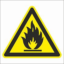 Знак предупреждающий на самоклеющейся пленке Пожароопасно легковоспламеняющиеся вещества, высота 200 мм, ширина 200 мм, цвет фона желтый, цвет рисунка черный ГОСТ 14202-69