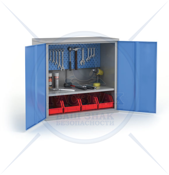 Шкаф ГАС -Ш 01-01 перфрированный подвесной (перфорированый экран, крючки и держатели для инструмента, 1 полка + экран малый, цвет: синий) (900х1000х250)